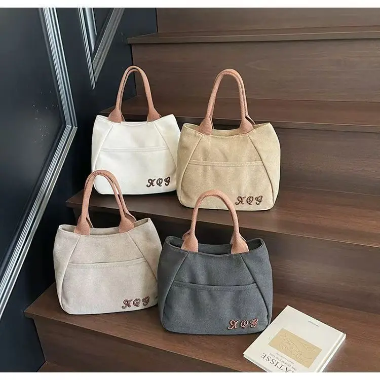 Retro-Canvas-Einkaufstasche zum Pendeln zur Arbeit. Kleine lässige Canvas-Tasche für Damen. Handgehaltene Tragetasche. – Detail 1