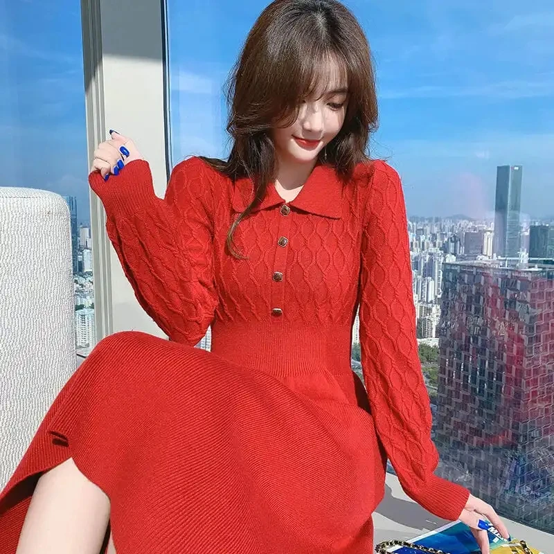 Women's Red Fitted Wool Knit Winter Dress