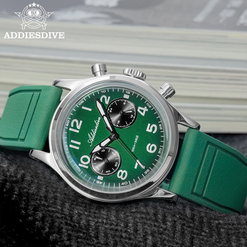 Addiesdive موضة رجل كوارتز ساعة كرونوغراف سوبر مضيئة مقاوم للماء 100 متر ساعة اليد 38 مللي متر فقاعة الزجاج المطاط حزام الساعات #3