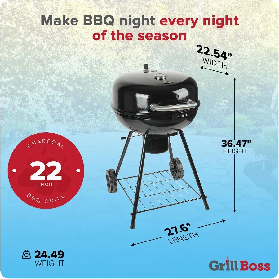 Grill Boss Charcoal Kettle Grill for outdoor cooking, steel construction, black finish, large 22-inch cooking area