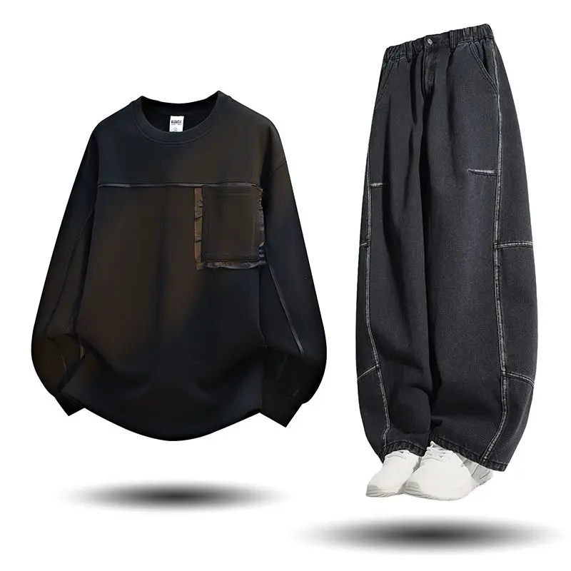 2025年秋冬メンズトラックスーツカジュアルラウンドネックプルオーバースポーツウェアと万能パンツ2ピースセットヒップホップスーツ大きいサイズ