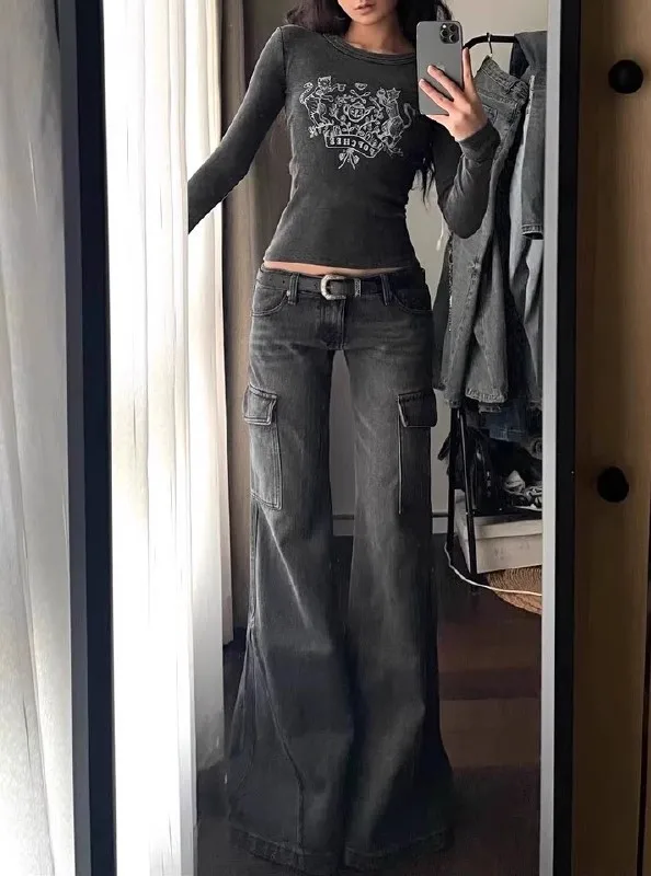 

Женские расклешенные джинсы с низкой талией в стиле ретро, женские осенне-зимние утягивающие повседневные джинсовые брюки, уличная одежда, винтажные широкие брюки