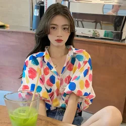 Cheap And Pretty Blouses High Quality Top Casual Preppy White Chiffon Women's Buttoned Shirts Loose Half Sleeve Youth Cute Cool