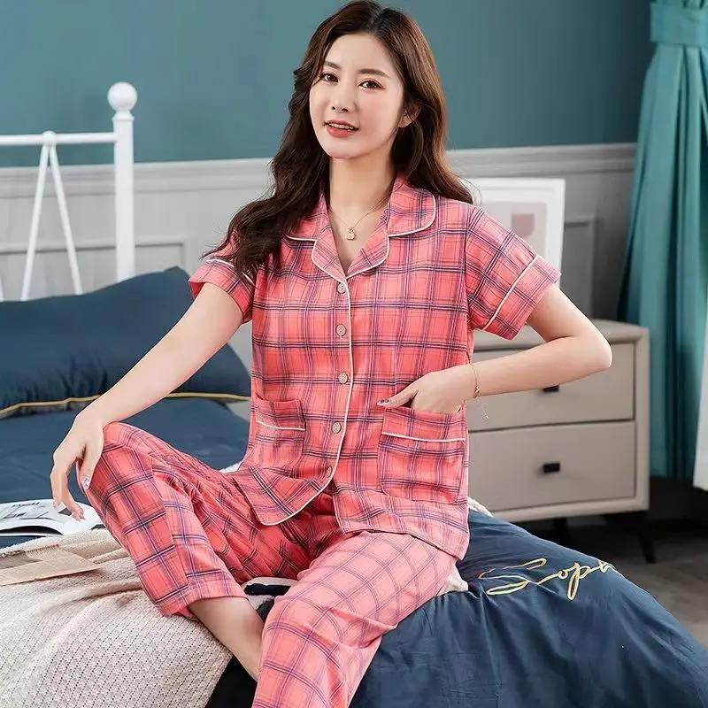 Piyama ibu wanita paruh baya, Set baju tidur katun kancing bawah musim panas atasan celana panjang dua potong setelan piyama Pour Femme