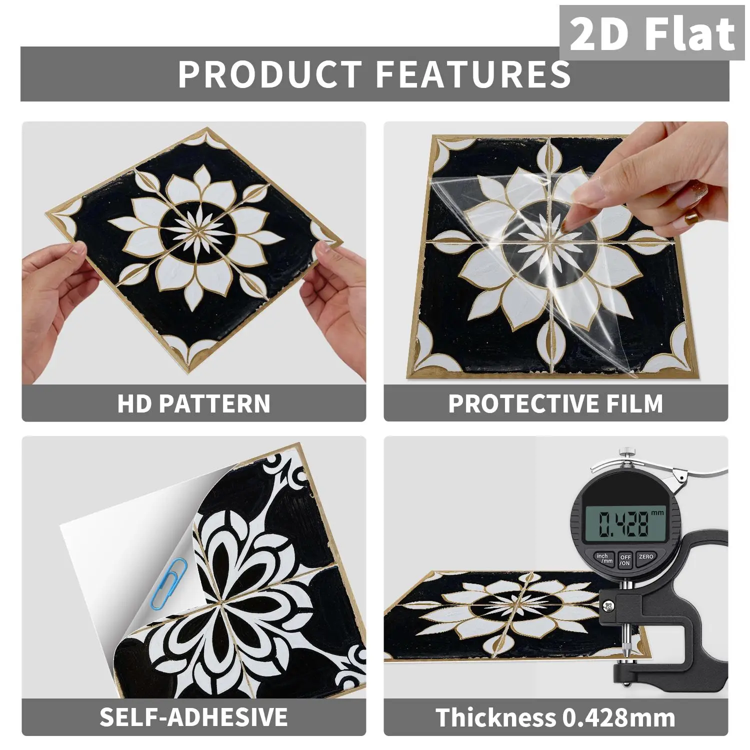 Black and white retro flower tiles, ceramic tile stickers, kitchen, bathroom, living room background wall decoration stickers