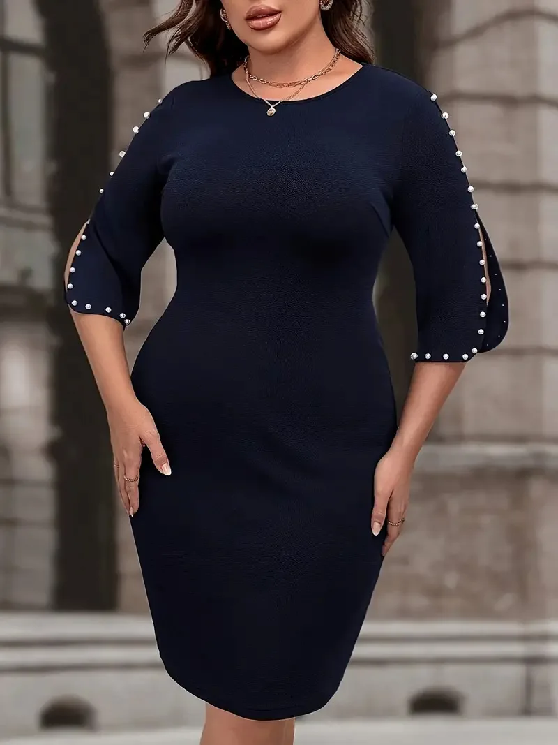 GIBSIE Plus rozmiar perła frezowanie O-Neck 3/4 rękaw sukienka damska wiosna lato eleganckie solidne biurowa, damska Bodycon krótkie sukienki