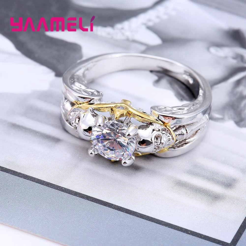 Personality Skull Round Crystal Stone Ring Engagement Bride Wedding Jewelry 925 Sterling Silver CZ For Women