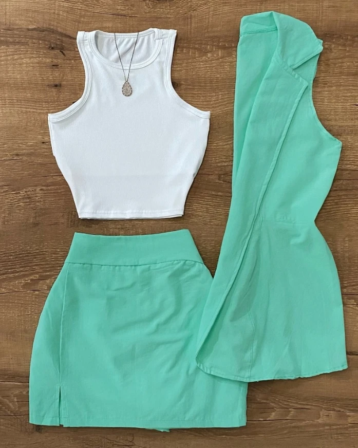 Sets for Women 3 Pieces Outfits 2025 casual commuting sleeveless Blazer Jacket round neck white vest and green mini skirt set