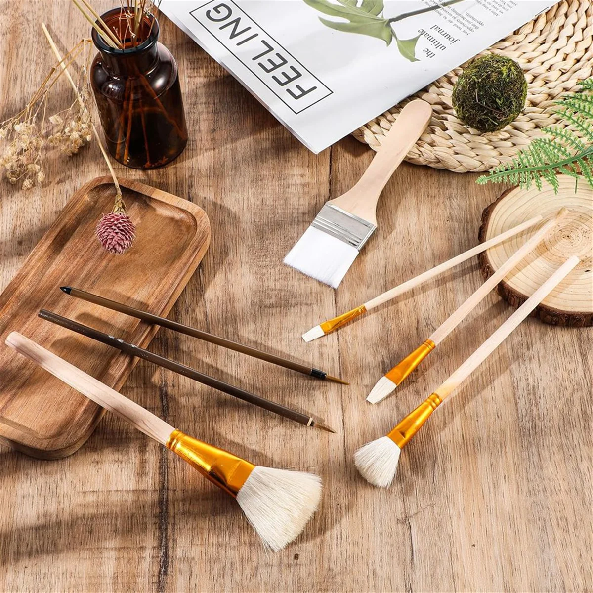 ABJS 7 Pieces Ceramic Glaze Tools, Pottery Supplies Different Shapes of Pottery Glaze Brushes for Pottery Acrylic Oil
