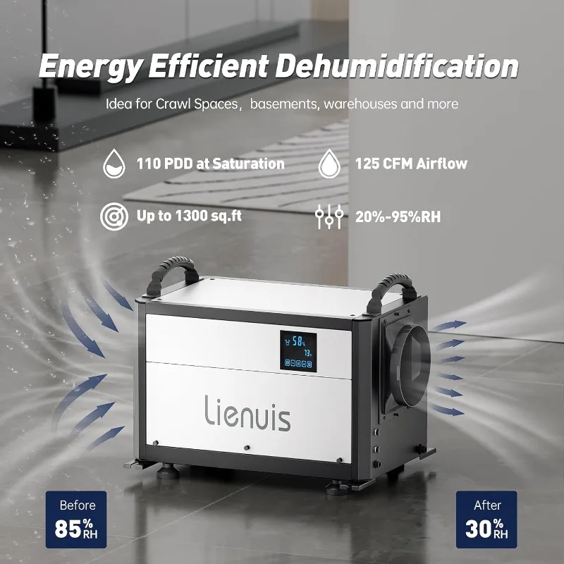 110 Pint Crawl Space Dehumidifier, Lienuis Commercial Dehumidifier with Drain Hose for Crawl Spaces, Basements