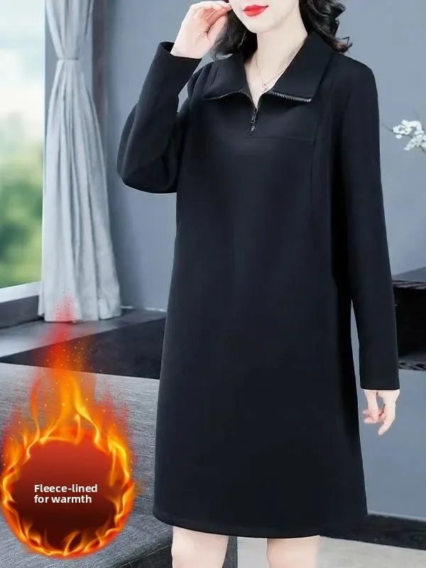 

plus Size Women's Fleece Lined Thick Winter Dress A-Line Skirt Fashionable Casual Age-Defying High Waist Korean Style Dress