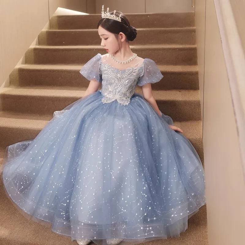 2024 Sequin Blue Girls Princess Dress Puff Sleeves Beading O-Neck Evening Dresses for Children Kids luxury Performance Clothing