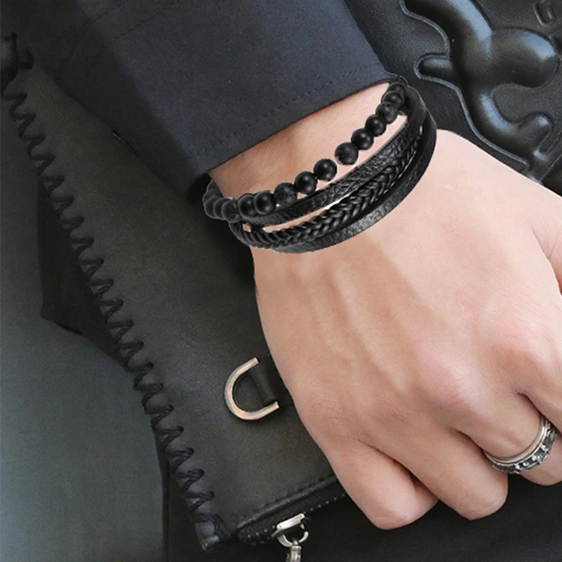 Bracelet en cuir avec pierre de lave constants ique pour homme, perles avec aimant en acier inoxydable, cadeau de bijoux, mode masculine, nouveau, 2023