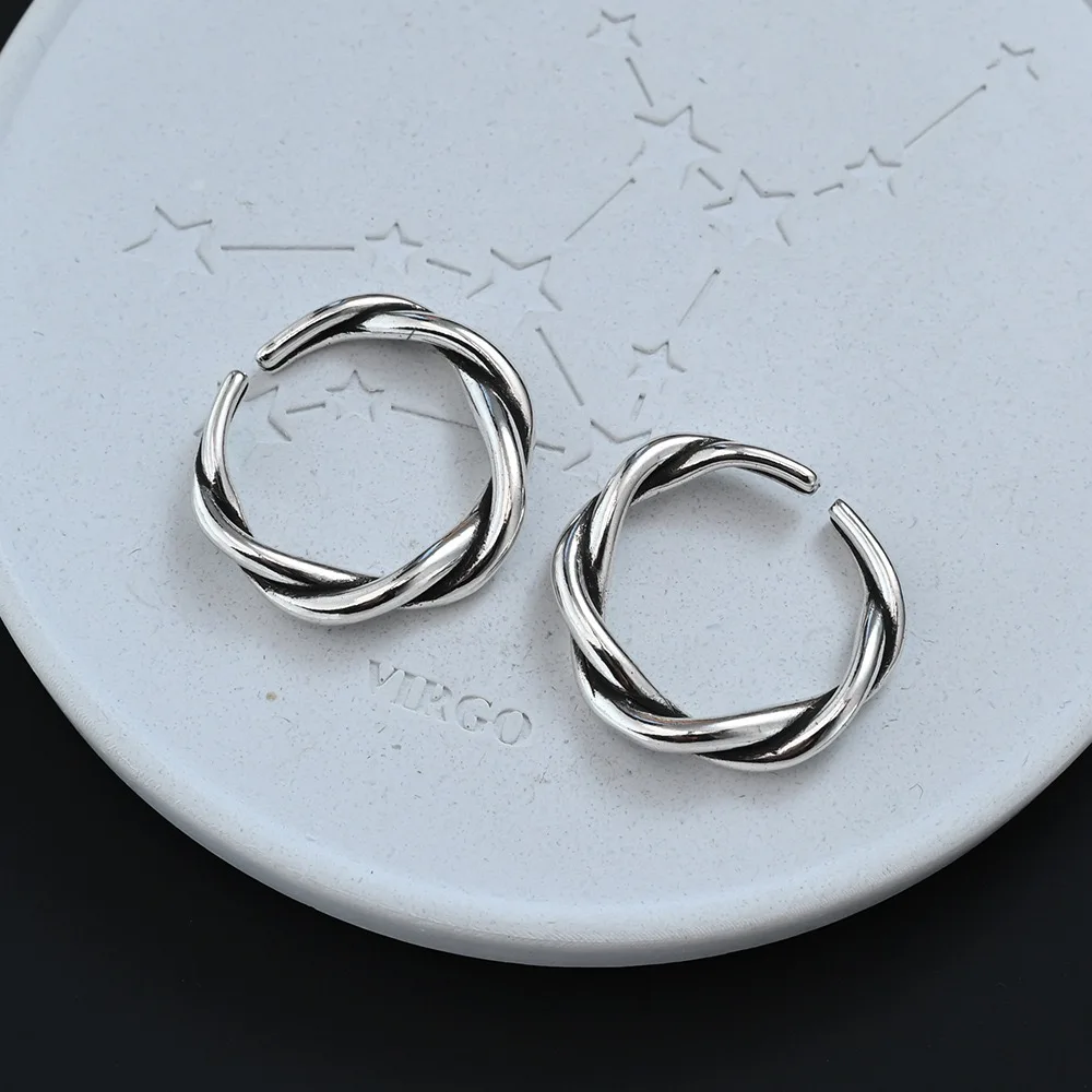 

925 Sterling Silver Rings For Women Vintage Handmade Adjustable Retro Twist Ring Fashion Female Bijoux Gift