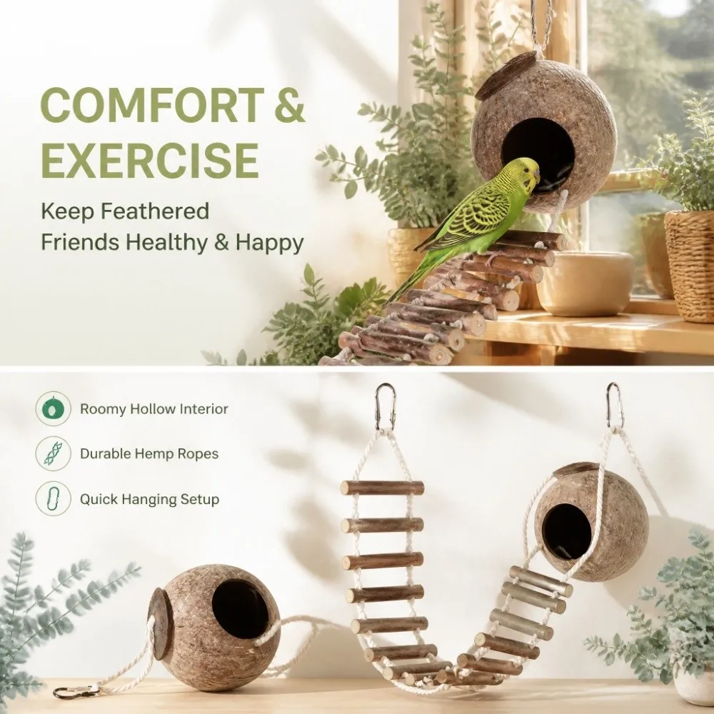 With Rope Ladder Pet Parrot House Coconut Shell Material Pure Hideout Pure Reptile Hideout Hanging Design Coconut Shell Hut