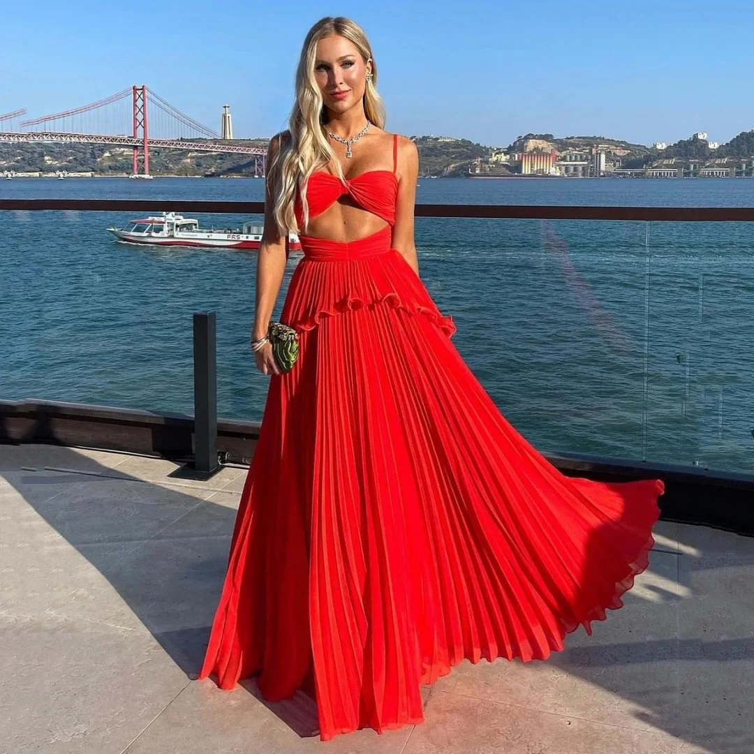 Red Beach Folded Chiffon Ball Dress Italian Noodle Strap Saudi Arabian Formal Evening Dress Hollow Women's Special Party Dress