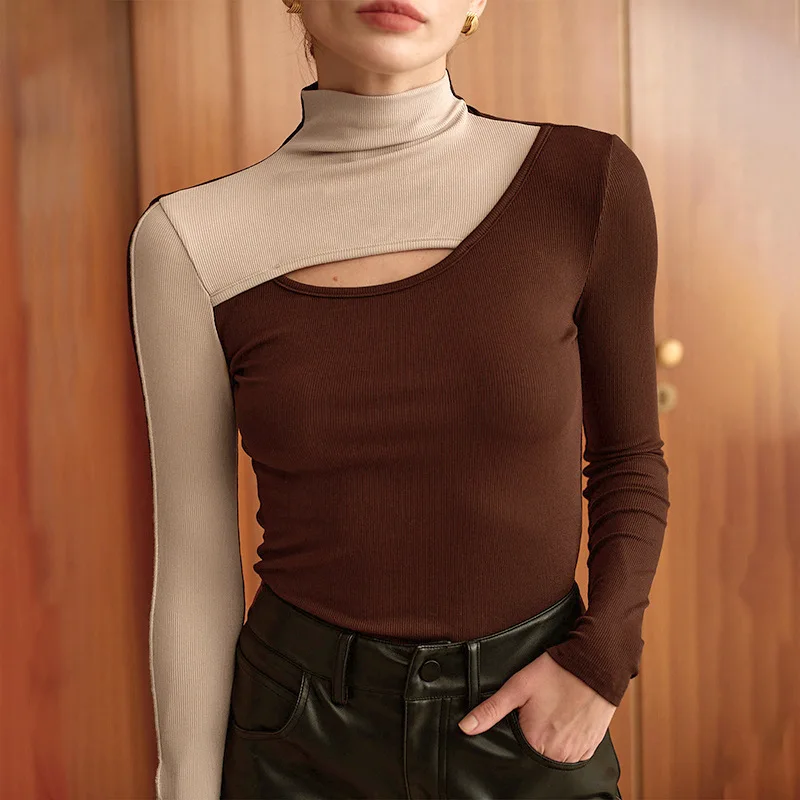 

2024 winter new women's clothing autumn and winter contrasting colors semi-turtleneck hollow bottoming top T-shirt Z532