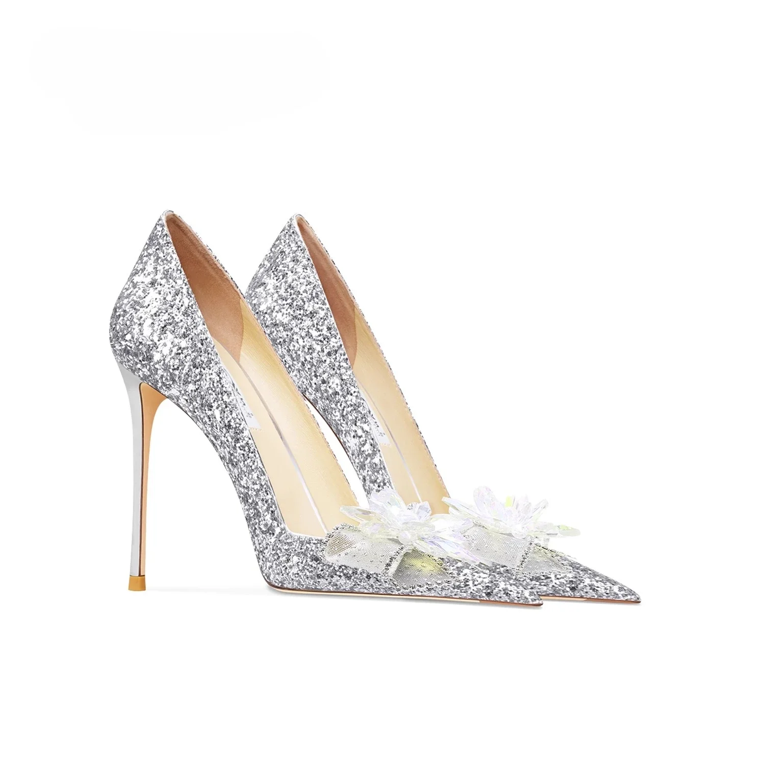 

2025 Spring New Water Diamond Shallow Mouth Fine Heel Pointed Fashion Silver Wedding Banquet High Heels Women's Shoes