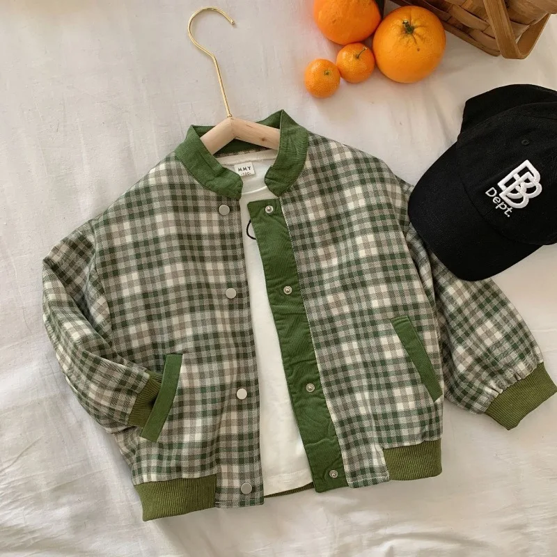 2025 Spring Baby Boy Lightweight Green Plaid Baseball Jacket Long Sleeve Trendy Jacket Top
