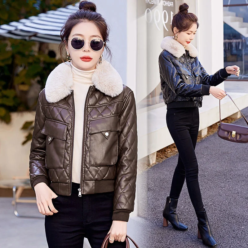 Wool Collar Add Velvet Leather Coat Women New Short Padded Leather Coat PU Pipi Cotton Jacket Female Slim Leather Warm cardigan