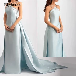 Eightree Elegant Sky Blue Evening Dresses Floor Length Shiny Beafing Halter Prom Dress Pleat Halter Bride Party Gowns Customed