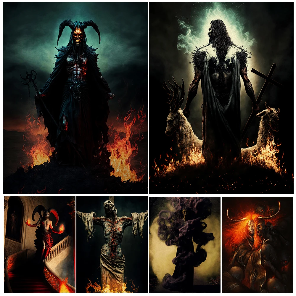 Lady Death,Fire Demon,Death Nun Vintage Wall Art Canvas Painting Horror Dark Devil Art Poster And Print Home Decoration Unframed