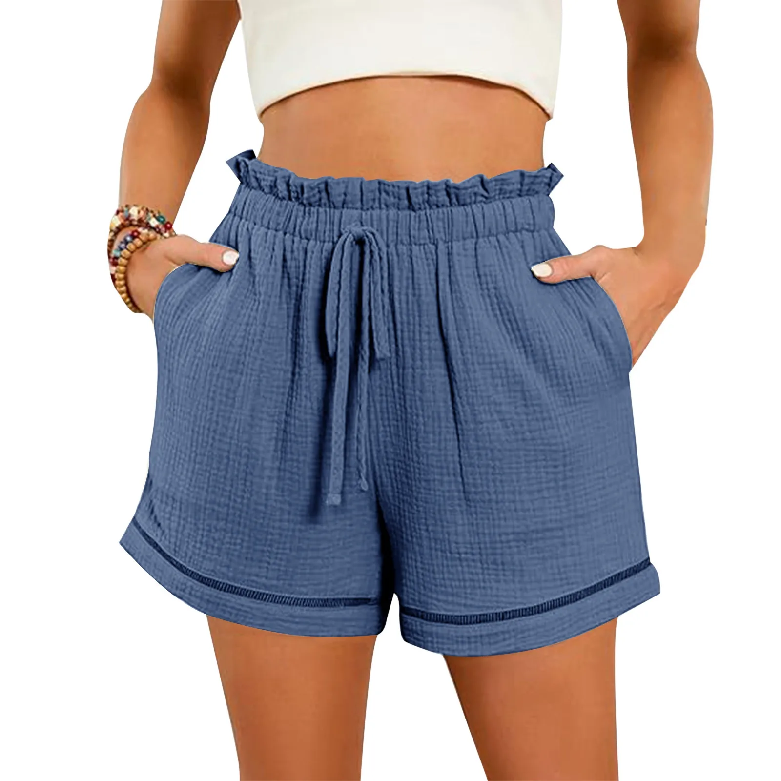 Women High Waist Casual Shorts Shorts Ruffle Elastic Waistband Drawstring Summer Loose Wide Leg Short Pants Streetwear