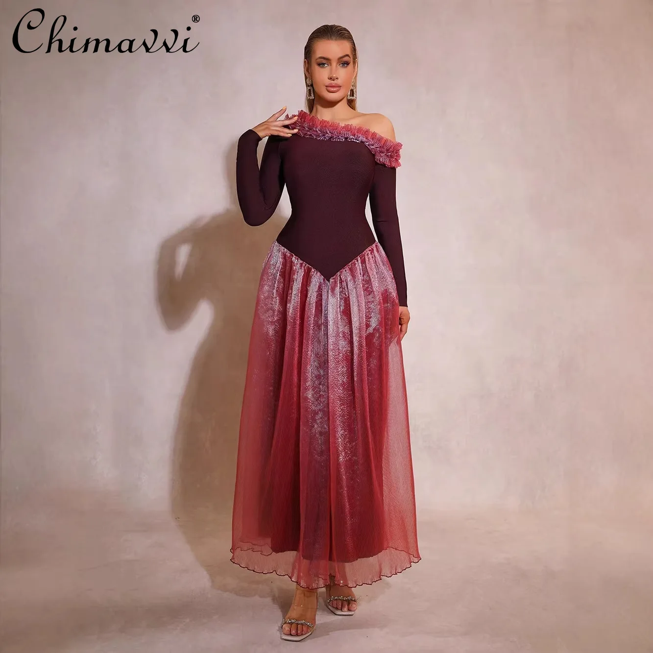 

French Elegant Hepburn Style Ruffled Splicing Off-shoulder Long Sleeves High Waist A-line Temperament Long Evening Dress Women