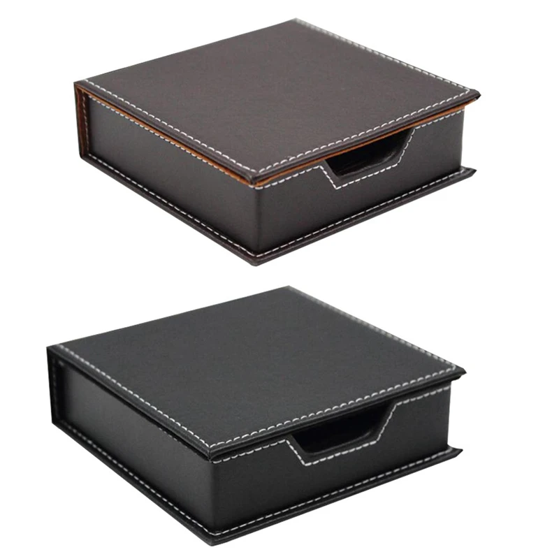 2X Leather Memo Box Office School Supplies Desk Accessories Organizer Card Holder Note Holder Sticky Note Storage Box Brown & Bl