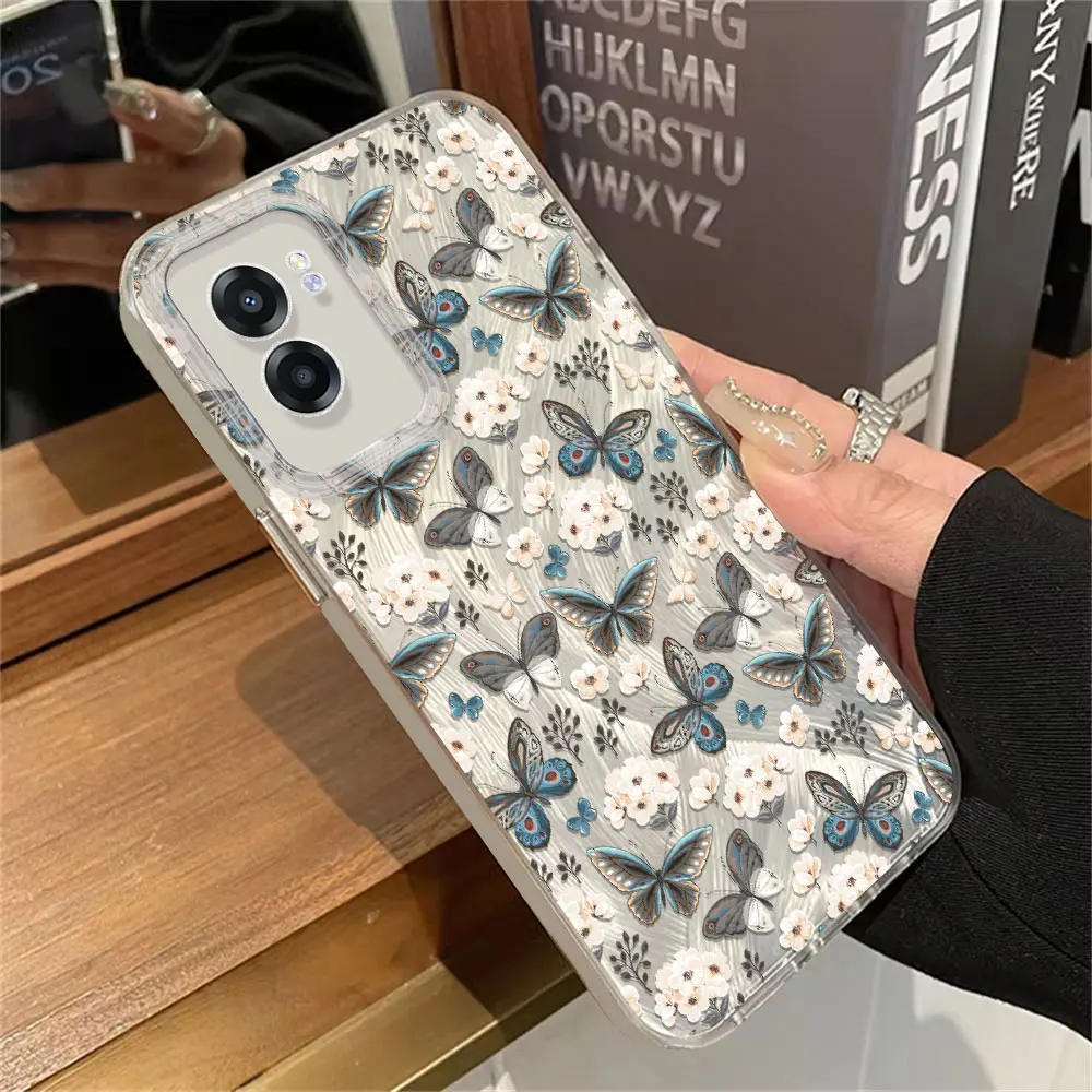 Imd Case Voor Oppo A77 A76 A74 A72 A60 A59 A58 A57 A54 A53 A52 A52 A38 A35 A33 A31 A32 Blauwe Vlinderpatroon Veren Garen Zachte Cover