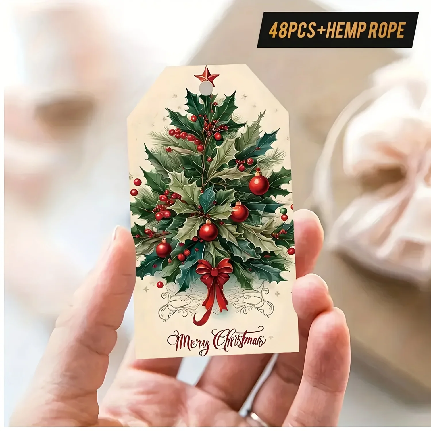 48 Stück Vintage-Weihnachtsgeschenkanhänger mit Hanfseil, klassische Feiertagsanhänger, Baumschmuck, präsentiert Verpackungsetiketten, Partydekoration