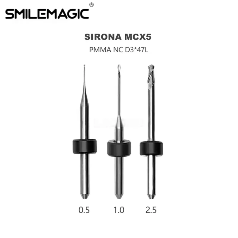 Sirona MCX5 Dental Milling Burs For Zirconia/PMMA D3 Shank DC Diamond Coating Diameter 2.5/1.0/0.5mm Drill