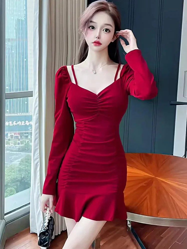 2024 Red Long Sleeve Chic Sling Sexy Mini Dress Women Elegant Casual Ruffled Prom Dress Autumn Korean Bodycon Dance Party Dress