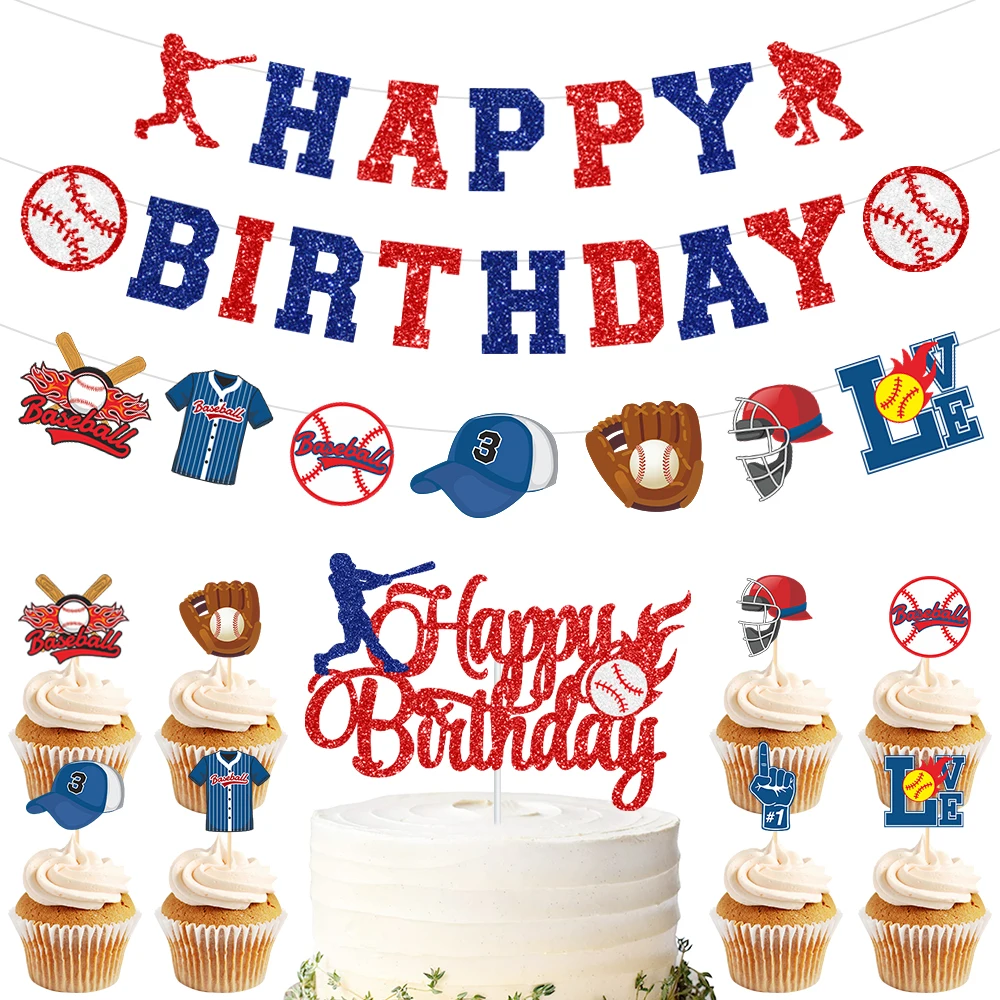 Baseball Cake Topper Flags Dessert Decor Happy Birthday Love Kids T-shirt Hat Ball CupcakeToppers Baby Shower Party DIY Baking