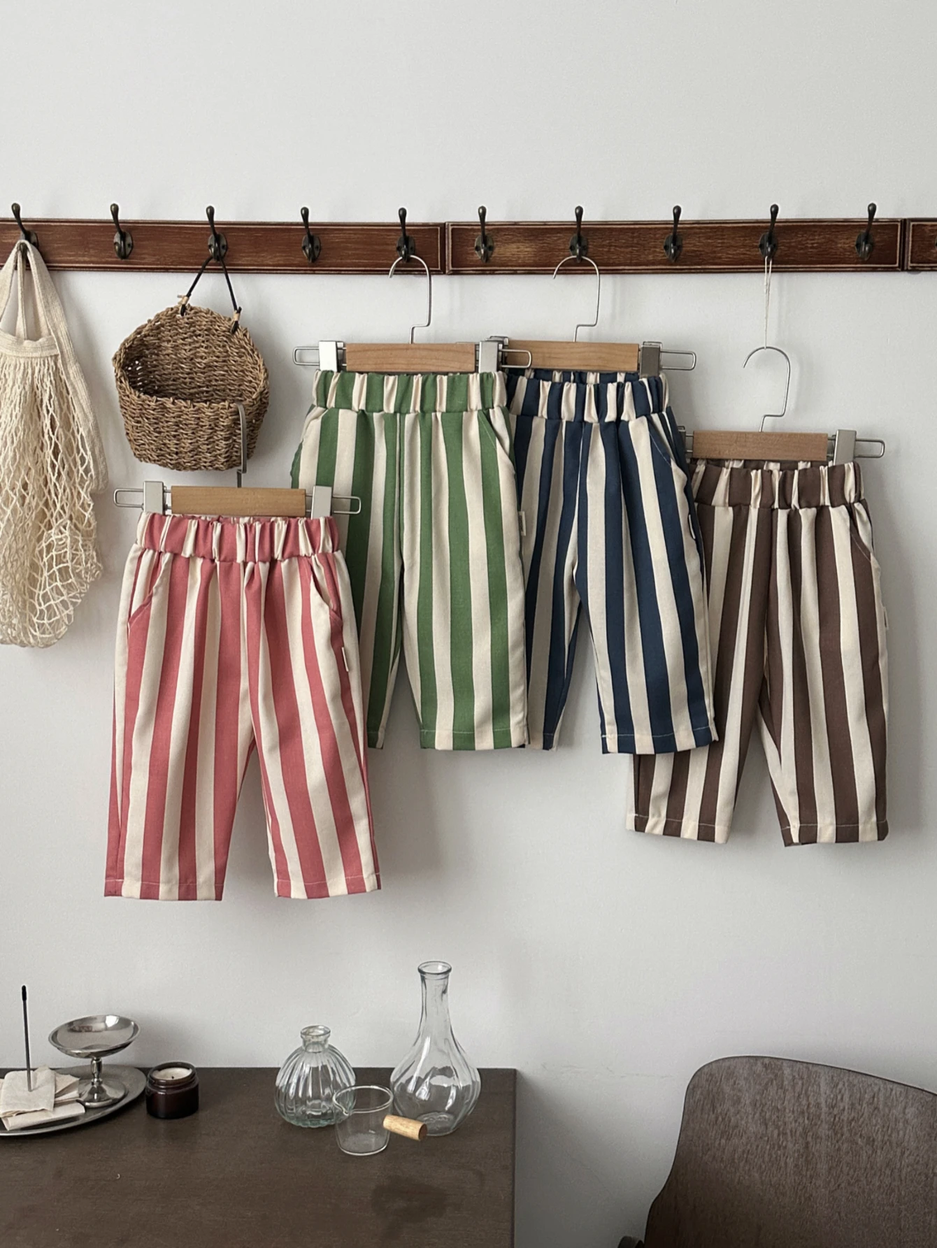 Spring Baby Multi Color Vertical Stripe Shorts Elastic High Waist Side Pockets Loose Casual Infant Cropped Trousers
