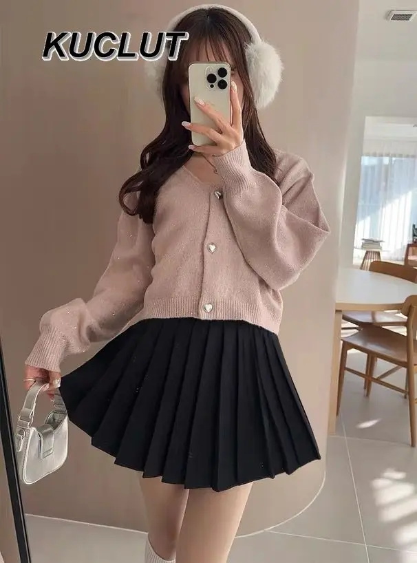 الخريف الشتاء النمط الياباني لامعة قصيرة حبال و محبوك بروتيل سترة قطعتين مجموعات للنساء لطيف الحلو الخريف الشتاء