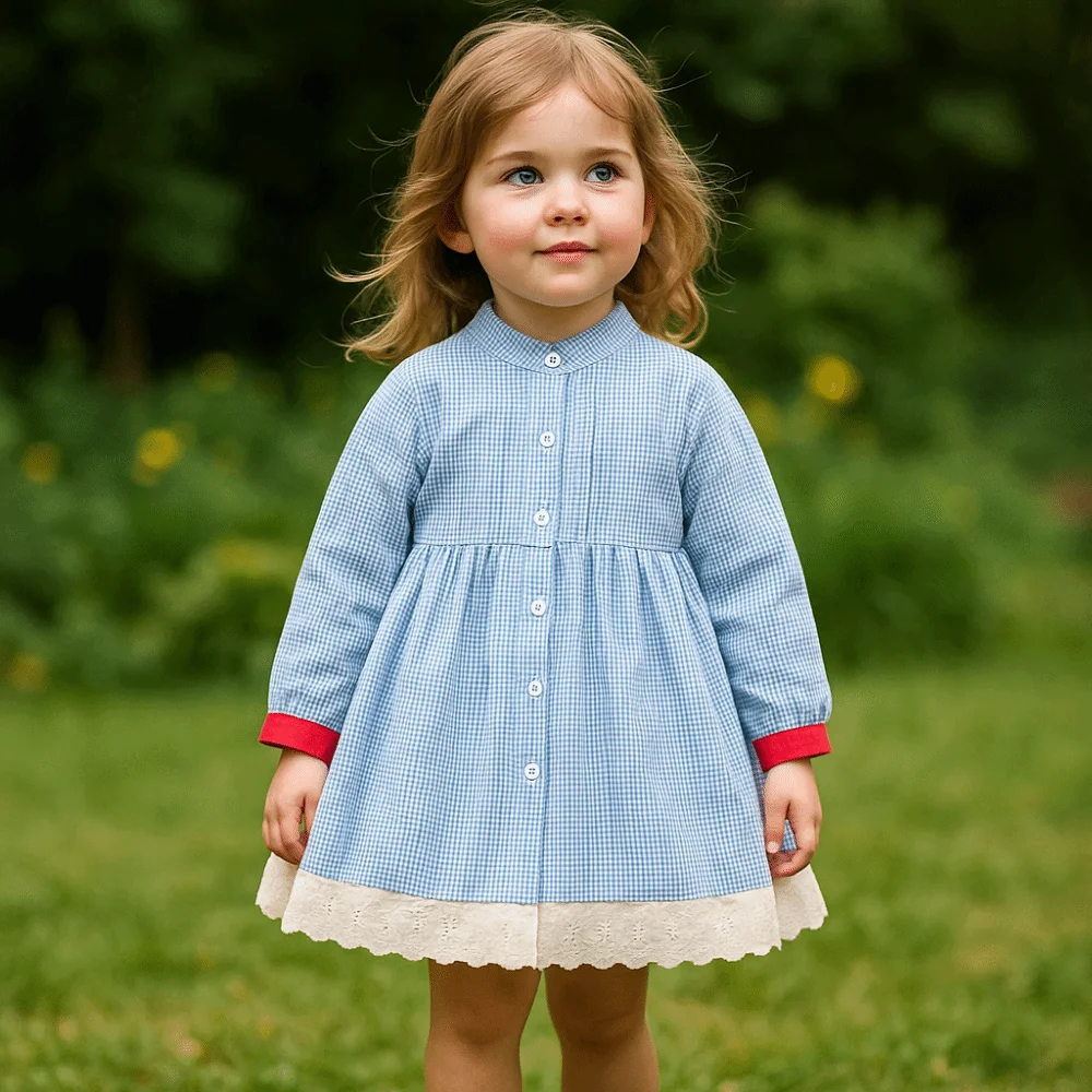 

Elegant Pleated Lace Grid Dress Loose A-line Girls Long Dress Ballet Style Stripe Children Long Sleeved Dress Spring/Fall