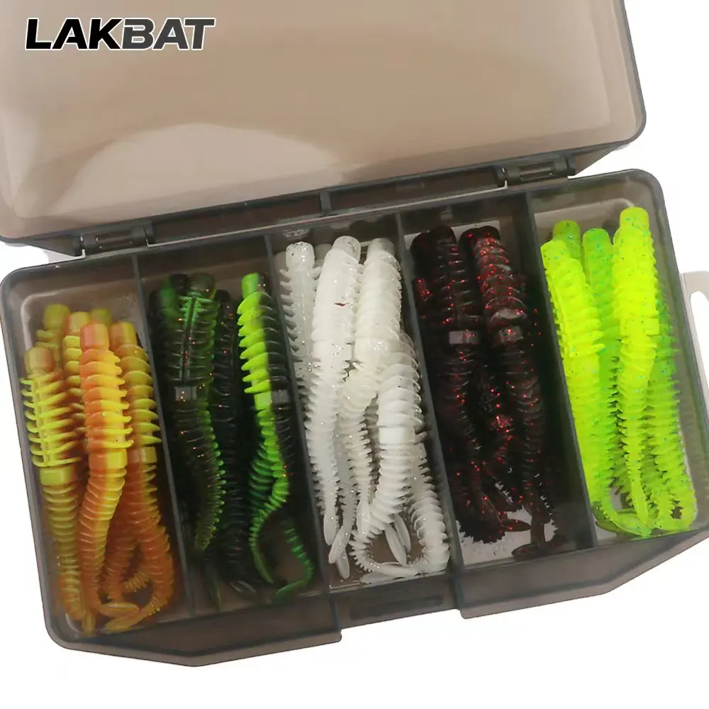 Box mit 50-60 Stück Weichköder-Set 6,5cm 7,5cm 8,5cm TPE Wurmköder Jighaken Karpfenangelköder Swimbait mit Fischgeruch Angelzubehör