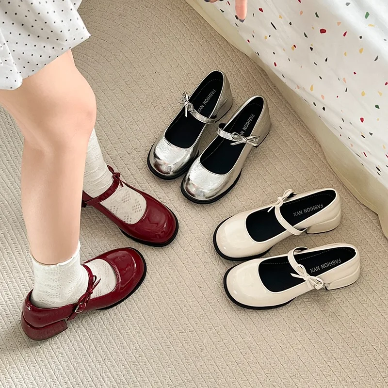 2026 New Women's Burgundy Patent Leather Mary Jane Pumps - Vintage-Inspired Double Gold Buckle Low Block Heel Dress Shoes