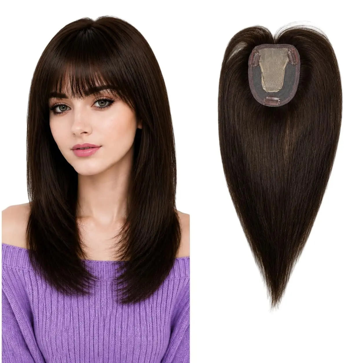 

Human Hair Topper for Women Clip in Middle Part Straight Hairpiece with Bangs 10x12cm PU Lace Base Wiglet for Thinning Top of Head