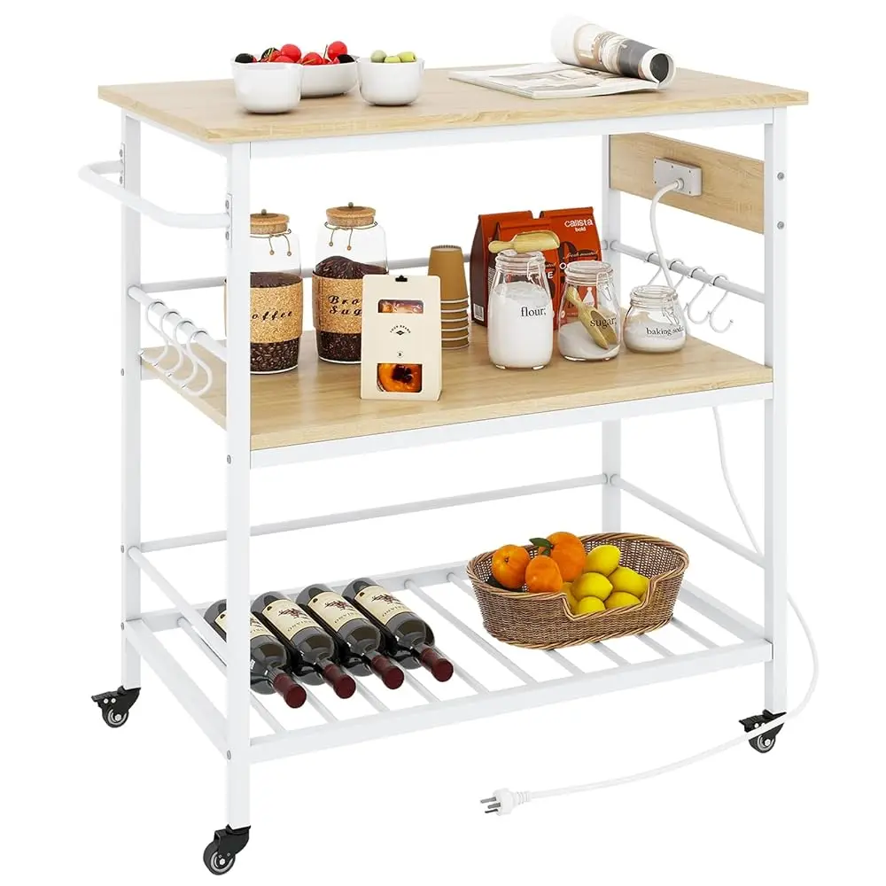 

Kitchen Island With 3 Shelves, Island Table For Kitchen With Power Outlet,Kitchen Cart With Large Worktop,Rolling Bar Cart For
