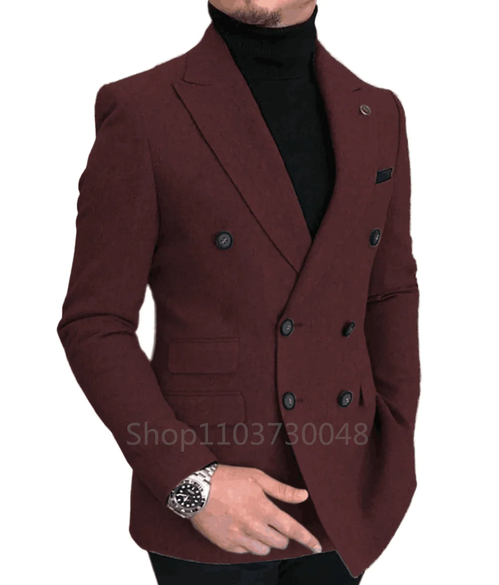 Men\'s Woolen Blazer Jacket Peak Lapel Double Breated Suit Coat Slim Fit Male Casual Business Wool Men\'s Jacket For Autumn Winter