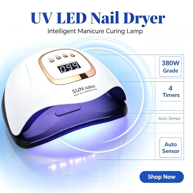 Professional Nail Studio UV LED Dryer, Grade 380W Intelligent Lamp, Auto Sensor & 4 Timers for Fast Gel Polish Curing