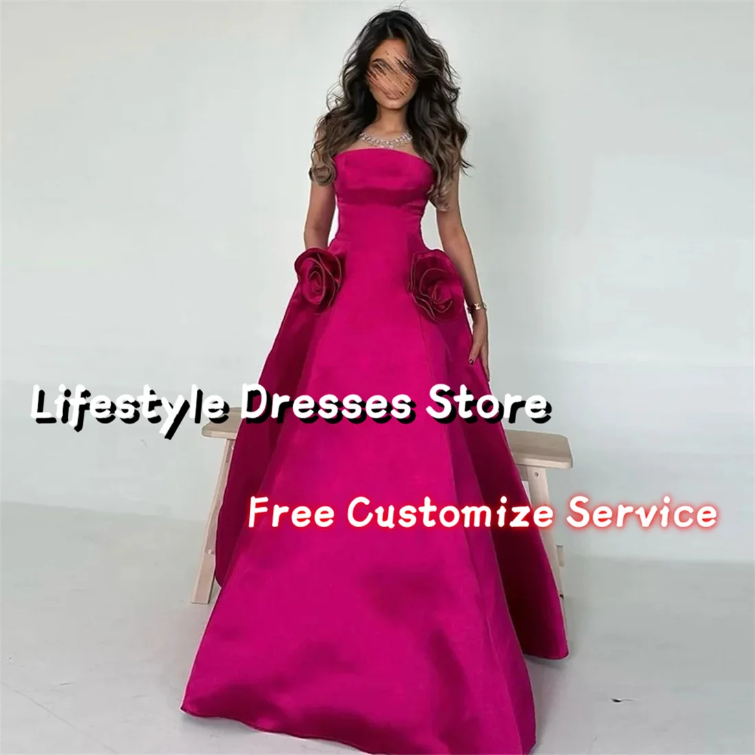 

Fuchsia Strapless Flower A-line Prom Dresses Sleeveless Floor-length Elegant Evening Dress 2024 Formal Party Gown