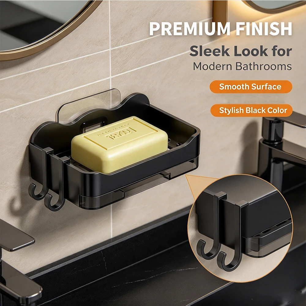 Double Layer Draining Wall Soap Holder, No Drill Self Stick Soap Dish with Side Hooks & Water Drip Tray for Shower Bathroom