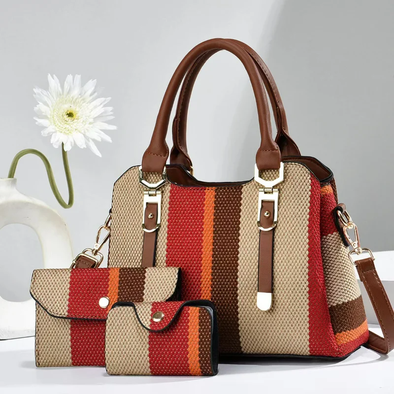 

High Quality Shoulder Bag of Women Striped 3 Piece Set Canvas Crossbody Composite Tote Bags Multicolor Commuting Luxury Handbag