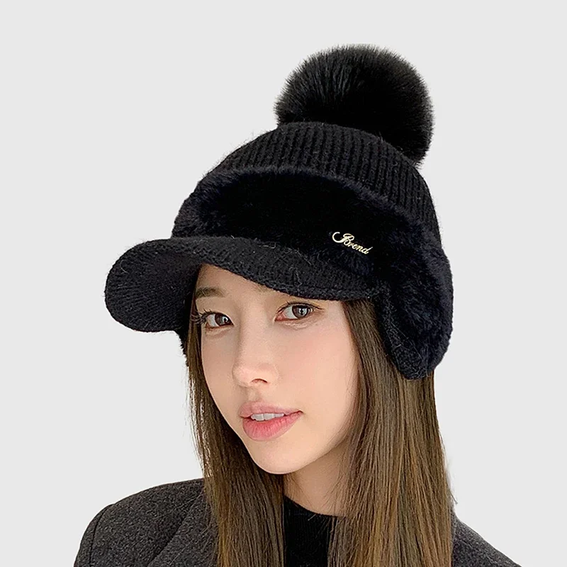 

Женская термошапка для гольфа, вязаная шапка на плюшевой подкладке с ушками, ветрозащитная зимняя спортивная шапка для активного отдыха