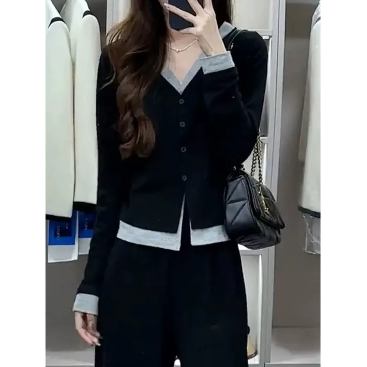 

Женская облегающая трикотажная длинная футболка V-Ne, внутренняя одежда Base irt Bla, искусственный открытый кардиган из двух предметов, топ