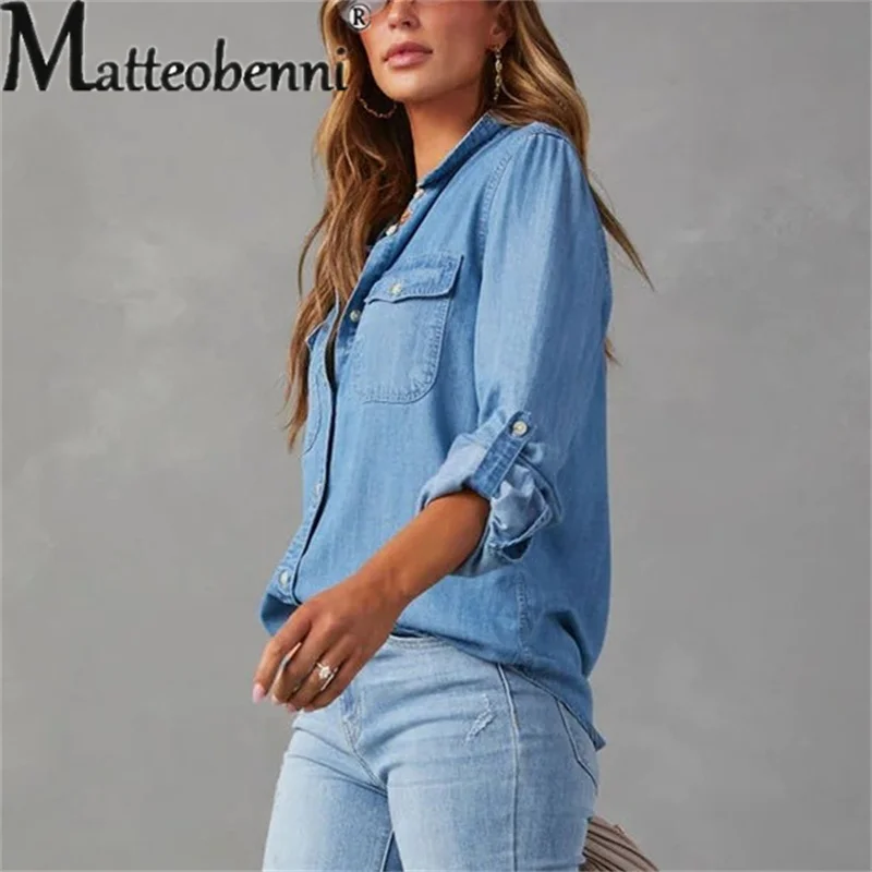 Autumn Thin Denim Shirt Women\'s Single-breasted Splicing Pocket Long Sleeve Lapel Tops Ladies Comfortable Commuter Casual Blouse