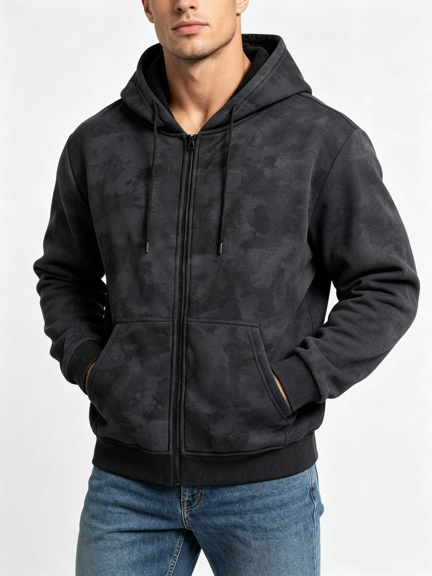 Men Tie Dye Zip Up Hoodie Heavyweight Full Zip Hooded Sweatshirt European High Street Loose Streetwear Autumn Casual Outerwear J